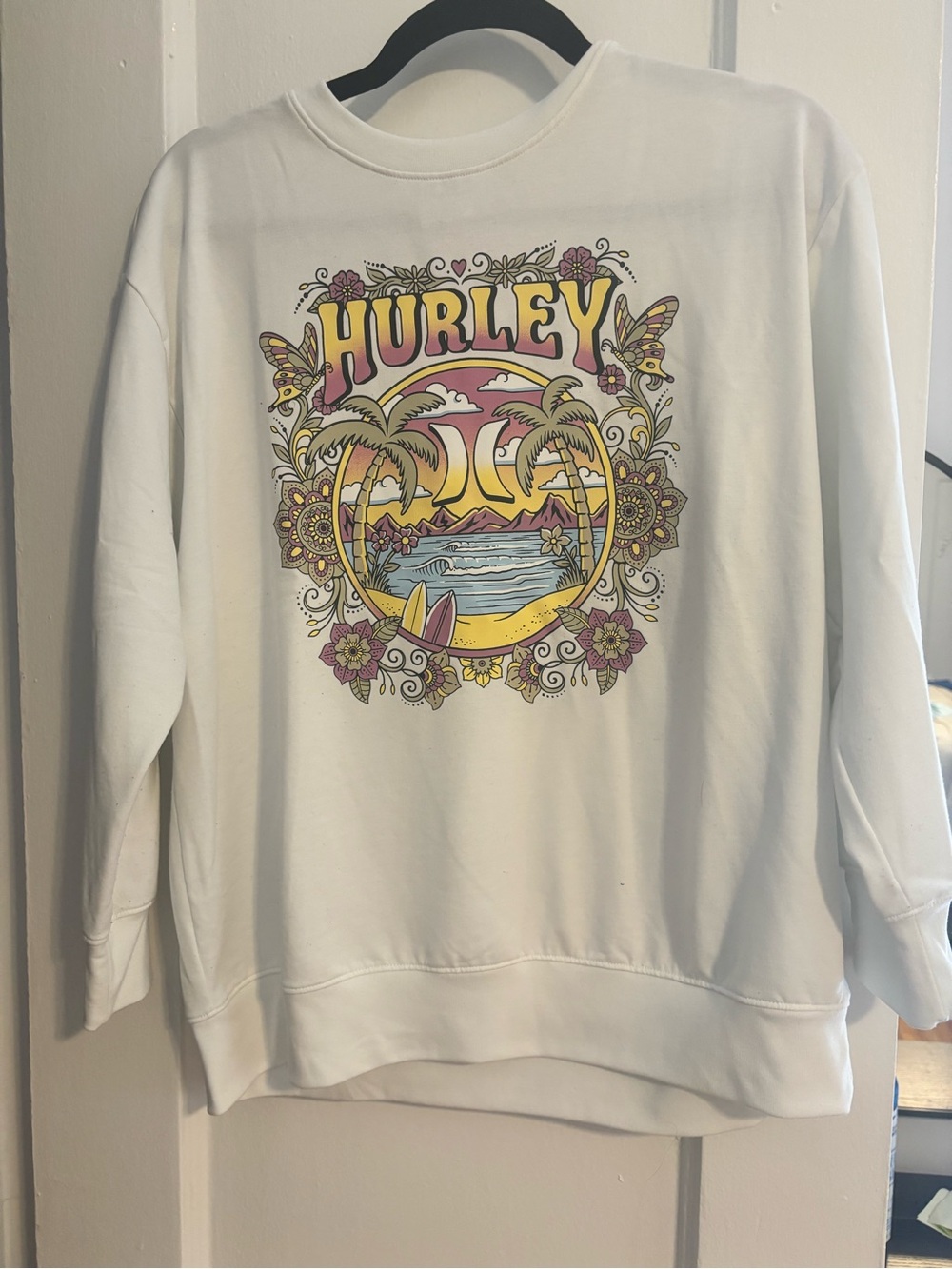 Girls size large Hurley White Tropical Graphic Crewneck Sweatshirt